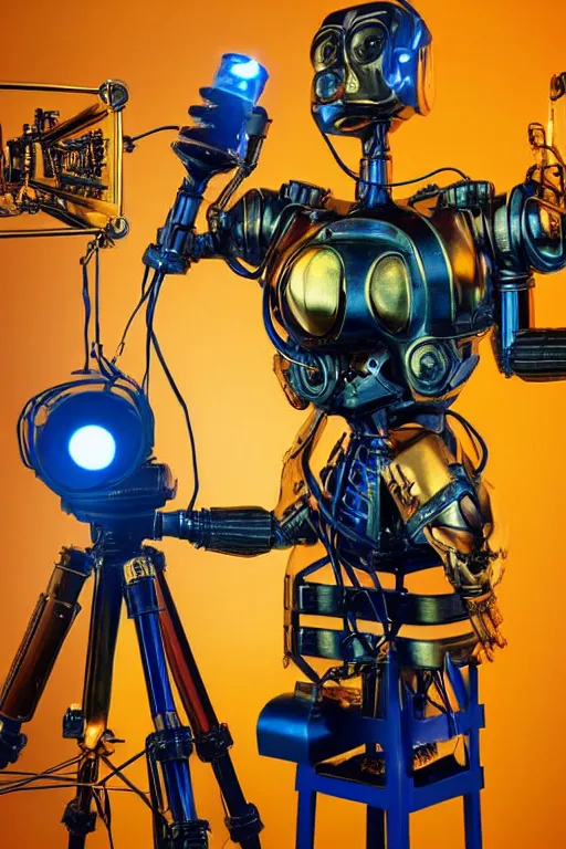 Image similar to portrait photo of a giant huge golden and blue metal humanoid female steampunk robot singer with headphones and microphone and gears and tubes, in the foreground is a big red glowing microphone on a tripod, eyes are glowing red lightbulbs, shiny crisp finish, 3 d render, 8 k, insaneley detailed, fluorescent colors, background is multicolored lasershow