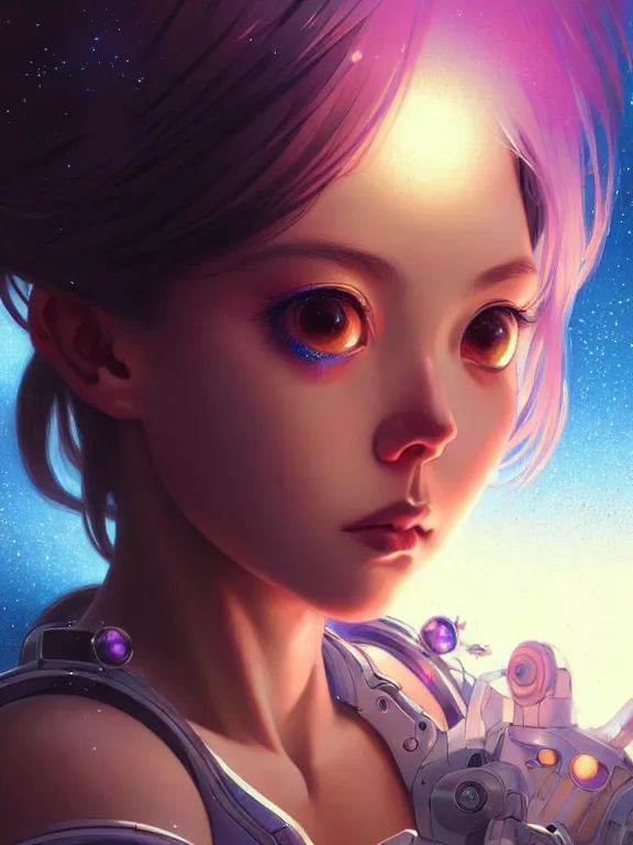 Image similar to close up picture of a space girl looking at the camera, bored, coveted, beautiful and aesthetic, intricate, unreal engine, messy hair, highly detailed, detailed face, smooth, sharp focus, chiaroscuro, manga illustration, artgerm, greg rutkowski, ilya kuvshinov, rossdraws, alphonse mucha, young adult light novel cover art