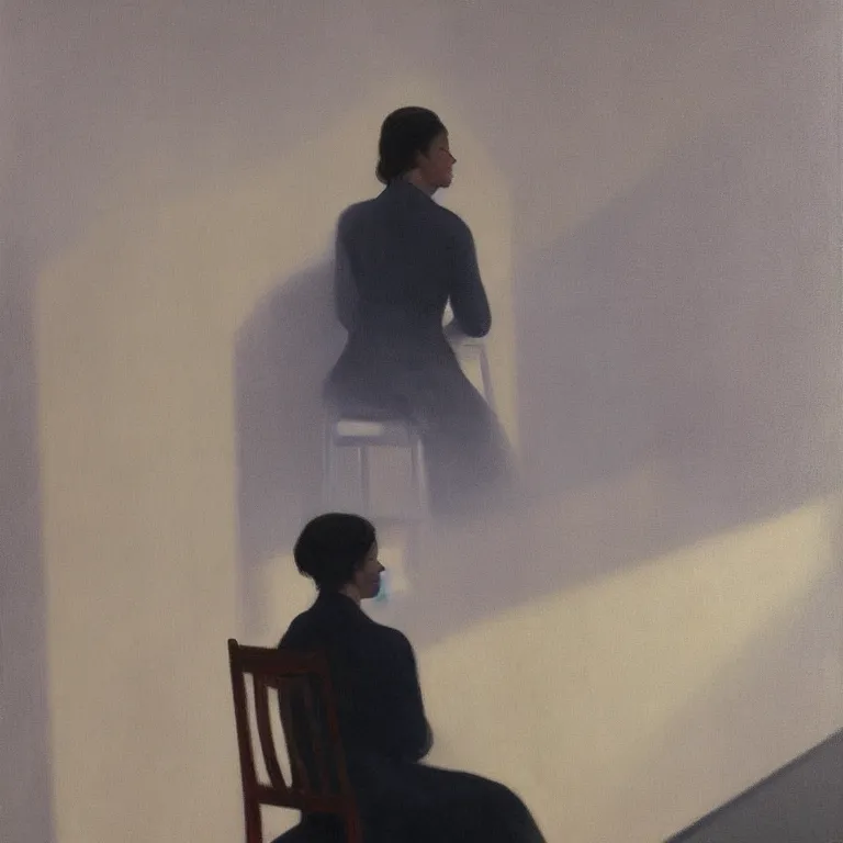 Image similar to woman sitting behind a chair, fog, early morning, , painted by Edward Hopper, painted by Wayne Barlow, airbrush