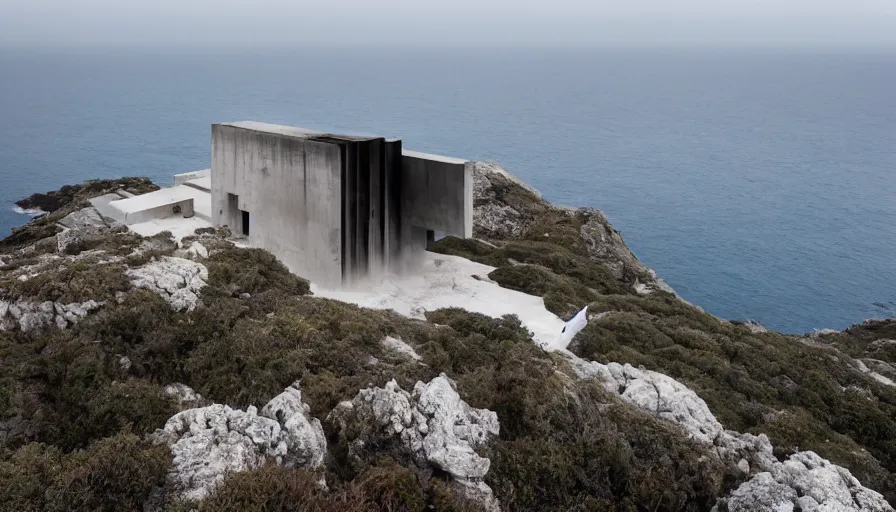 Image similar to brutalist base perched on a cliff overlooking a magnificient bay, drawing architecture, fog horizon, pritzker architecture prize, greig fraser