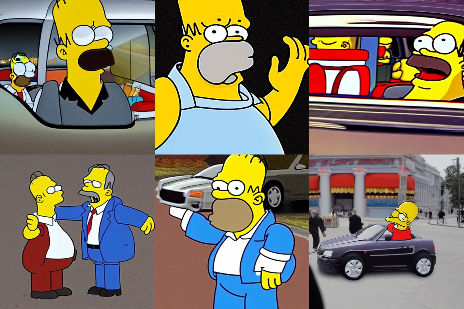 Prompt: Homer Simpson in his car runs over Donald Trump