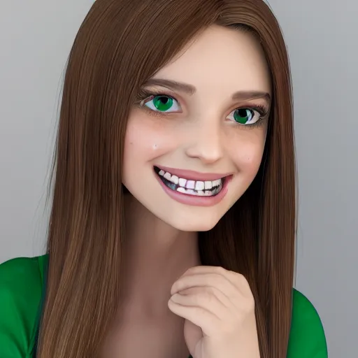 Image similar to Render of a cute 3d young woman smiling, long shiny bronze brown hair, full round face, emerald green eyes, medium skin tone, light cute freckles, smiling softly, wearing casual clothing, relaxing on a modern couch, interior lighting, cozy living room background, medium shot, mid-shot, soft focus, trending on Artstation, Unreal Engine 5 , 4k, professional photography, Portra 400