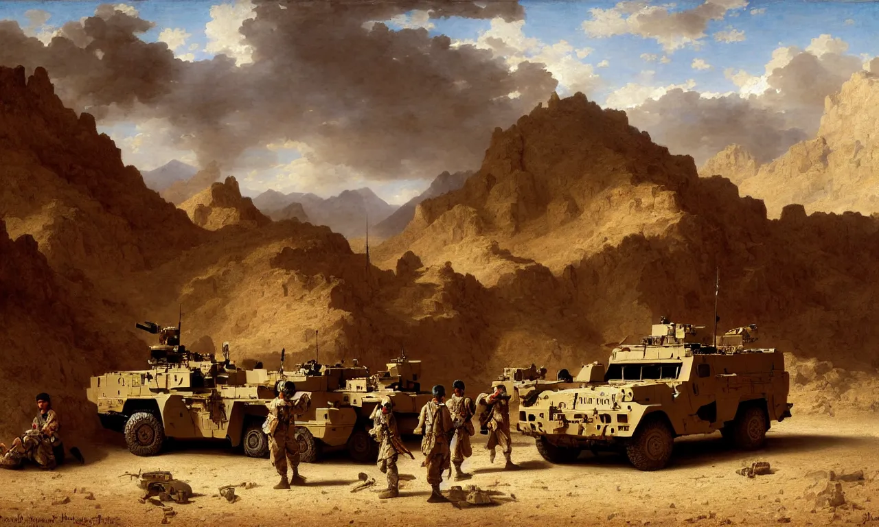 Prompt: afghanistan war soldiers, majestic, humvee, drones in the sky, m 1 abrams tank, desert, fine art portrait painting, strong light, clair obscur, by jean honore fragonard, by peter paul rubbens, by bouguereau, by caravaggio, by diego velazquez