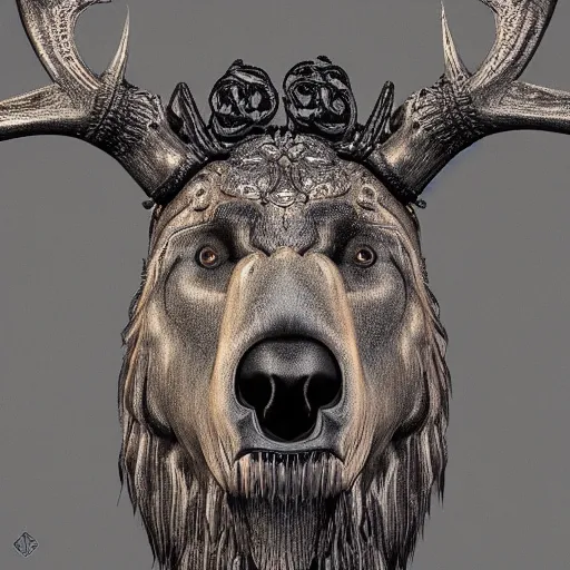 Image similar to photorealistic celtic antlered bear. hyperdetailed photorealism, 1 0 8 megapixels, amazing depth, glowing rich colors, powerful imagery, psychedelic overtones, 3 d finalrender, 3 d shading, cinematic lighting, artstation concept art