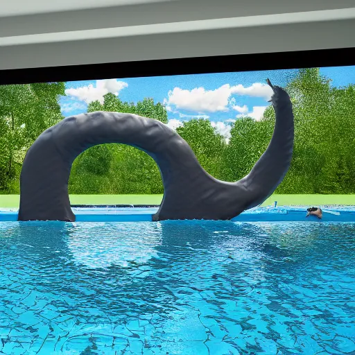 Prompt: Loch ness monster in a swimming pool, highly detailed, 8k