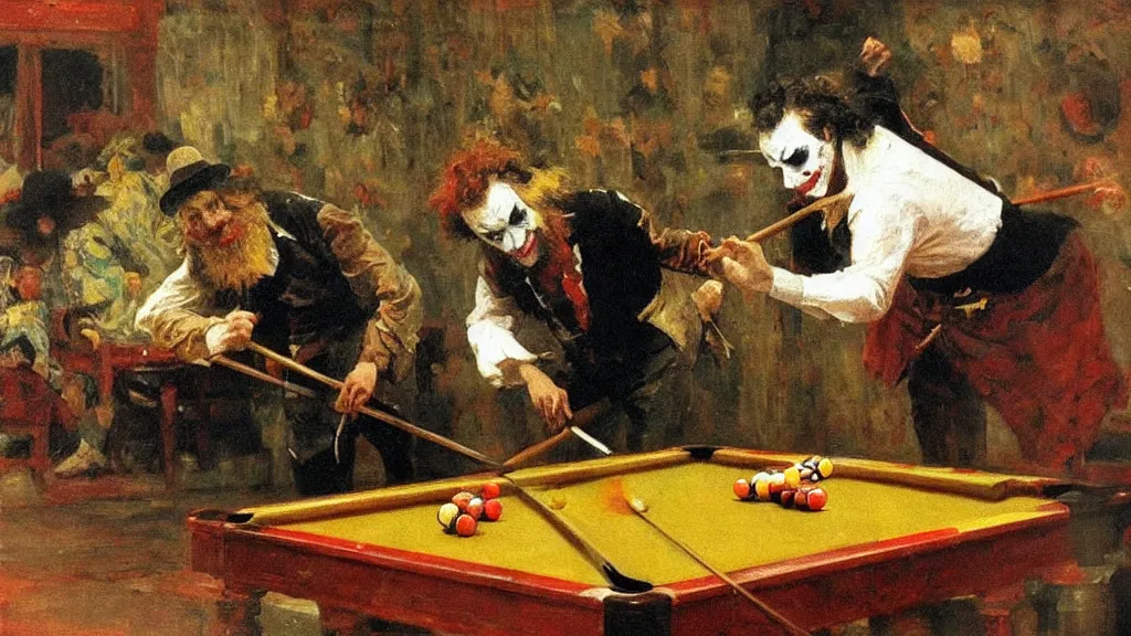 Image similar to high quality high detail painting by ilya repin, the joker playing pool hd