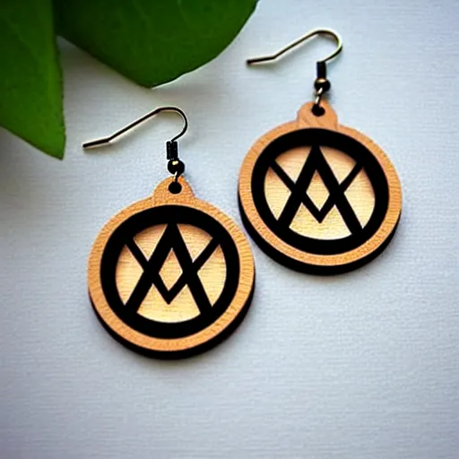 Image similar to 2 d wood lasercut earrings, mystical symbols, 8 k, hd, trending on amazon on artstation, trending on deviantart, trending on etsy, epic digital art