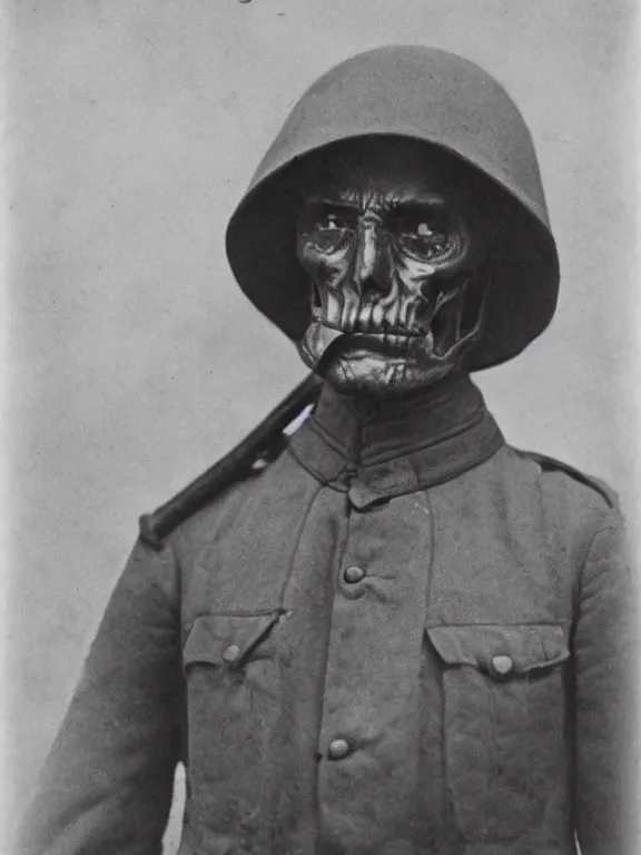 Image similar to portrait of grim reaper, ww1 photo, grainy, high detail, high resolution,