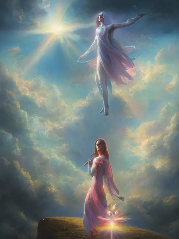 Image similar to a ultradetailed beautiful matte painting of the keeper of the prism of emotion radiating with dreamy colours, magical reflection opening in the sky, oil painting, high resolution 4 k, by tom bagshaw, greg rutkowski, and artgeem