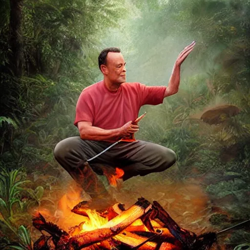 Image similar to Tom Hanks as forrest raosting a giant shrimp over a campfire in the jungle, realistic digital painting, in the style of Aleksi Briclot, photoreailstic, realistic face, amazing detail, sharp