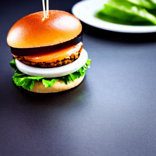 Prompt: a clear glass burger sitting on a table