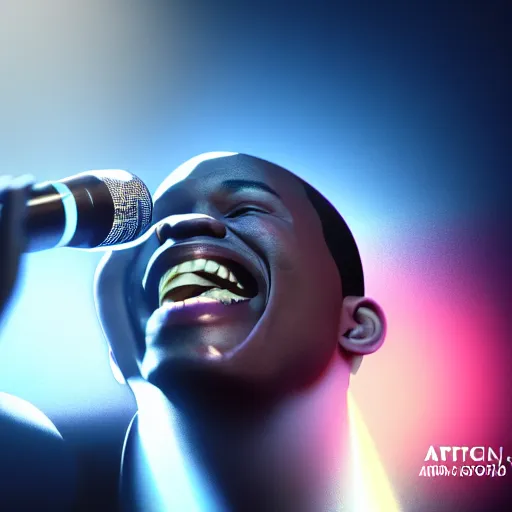 Image similar to a black man singing with all teeth shown ultra realistic, lens flare, atmosphere, glow, detailed, intricate, full of colour, cinematic lighting, trending on artstation, 4 k, hyperrealistic, focused, extreme details, unreal engine 5, cinematic, masterpiece, ultra realistic, hyper realistic, highly detailed, sharp focus, digital art