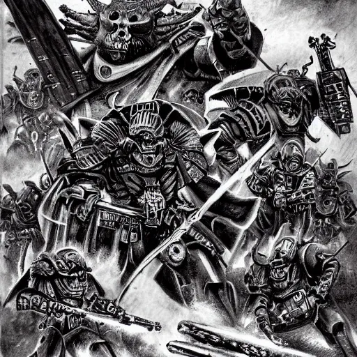 Prompt: Battle of the Imperial Guard on the planet against the Tyranids, Warhammer 40,000, Drawing in a dark Gothic style, super quality, Artist - Phil Moss
