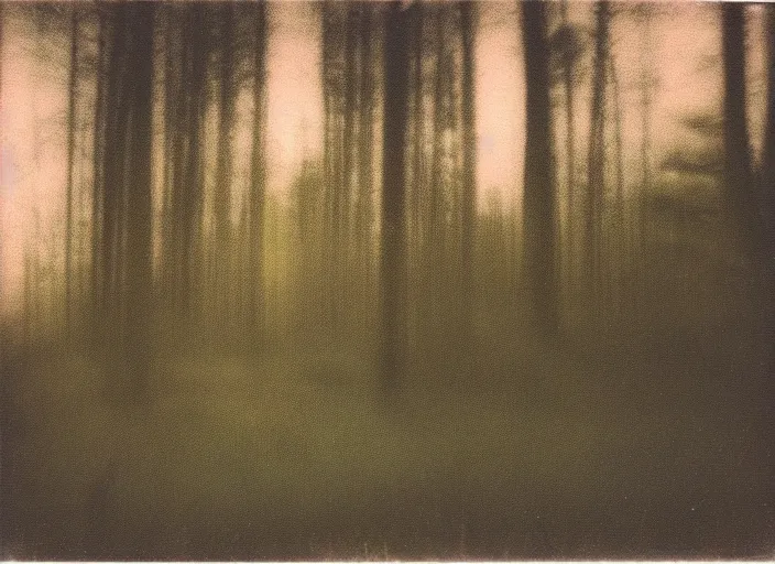 Image similar to aged blurry polaroid photograph of a forest at dusk