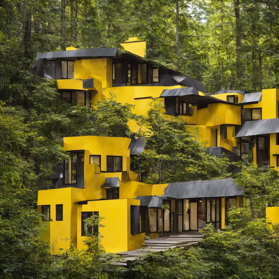 Image similar to architecture ad for a small flat mid-century modern house in the forest, designed by Frank Gehry. Big Tiles. Film grain, cinematic, yellow hue