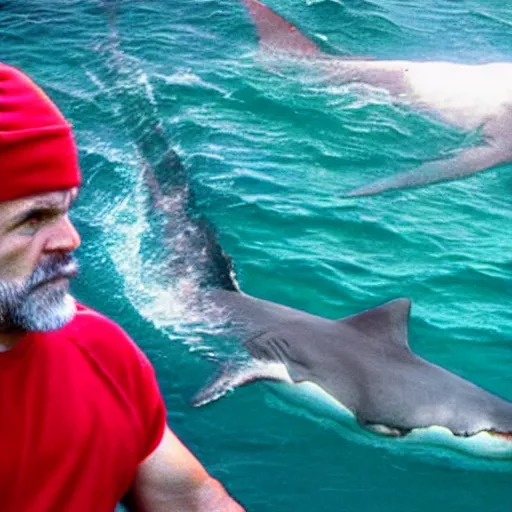 Prompt: steve zissou having a fist fight with a great white shark