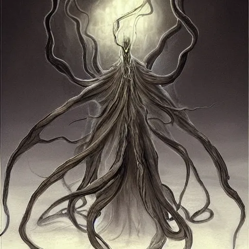 Image similar to concept designs for an ethereal ghostly wraith like figure made from wispy billowing smoke and sparks of electricity with a squid like parasite latched onto its head and long tentacle arms that flow lazily but gracefully at its sides like a cloak while it floats around a frozen rocky tundra in the snow searching for lost souls and that hides amongst the shadows in the trees, this character has hydrokinesis and electrokinesis for the resident evil village video game franchise with inspiration from kraang from the teenage mutant ninja turtle franchise and Bloodborne and the mind flayer from stranger things on netflix in the style of a marvel comic