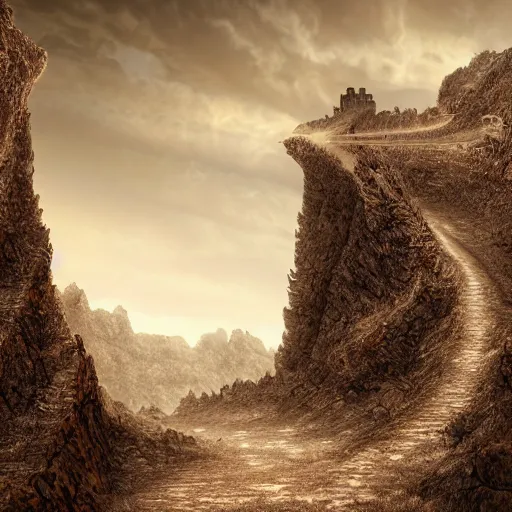 Prompt: a long winding pathway with deep cliffs on all sides, dark rocks, dusty, sepia tones, with a mysterious dark castle at the of the path, digital art, 8 k, concept art, trending on artstation