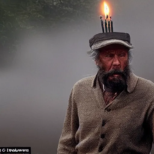 Image similar to cranbow jenkins, lord of the hambone, emerging from the mist, and now he realizes that he forgot the birthday of his mistress because he decided to go rat fishing