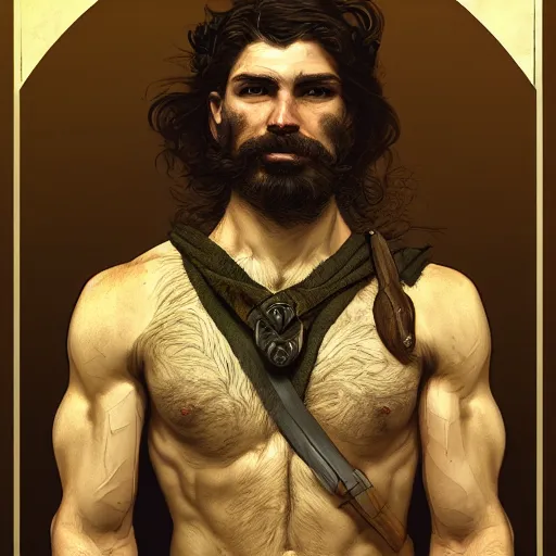 Image similar to portrait of a rugged ranger, muscular, upper body, hairy torso, D&D, fantasy, intricate, elegant, highly detailed, digital painting, artstation, concept art, smooth, sharp focus, illustration, art by alphonse mucha