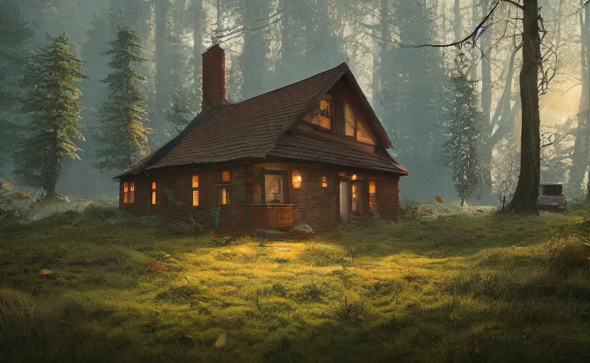 Image similar to a cottage in a forest, rendered by simon stalenhag, beeple, makoto shinkai, syd meade, environment concept, digital art, unreal engine, wlop, trending on artstation, low level, 4 k uhd image, octane render,