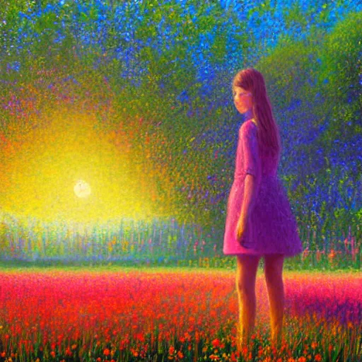 Image similar to girl becoming flower, standing in a flower field, big trees, sunrise dramatic light, impressionist painting, colorful clouds, digital painting, pointillism, artstation, simon stalenhag