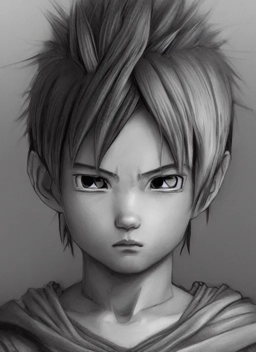 Prompt: realistic portrait pencil sketch of kid goku, old mystic ruins, afternoon, intricate, elegant, highly detailed, digital painting, sharp, focus, by artgerm and greg rutkowski