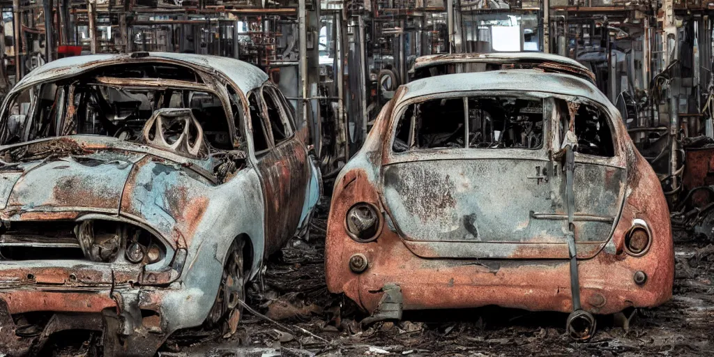 Prompt: close _ up _ of _ a _ car _ in _ an _ old _ industrial _ car _ factory _ a _ ghostly _ figure _ is _ walking _ between _ the _ broken _ cars _ everything _ is _ rusted _ and _ broken _ and _ covered in moss,