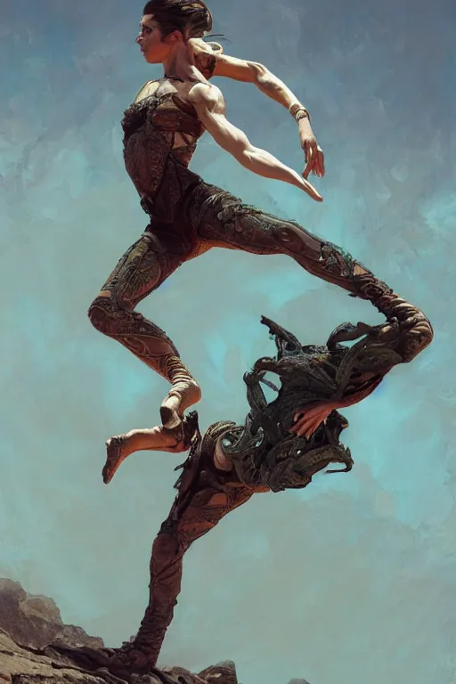 Prompt: a full body portrait of a beautiful post apocalyptic offworld desert gymnast leaping in ballet dance pose by the emerald oasis pools, intricate, elegant, highly detailed, digital painting, artstation, concept art, smooth, sharp focus, illustration, art by krenz cushart and artem demura and alphonse mucha