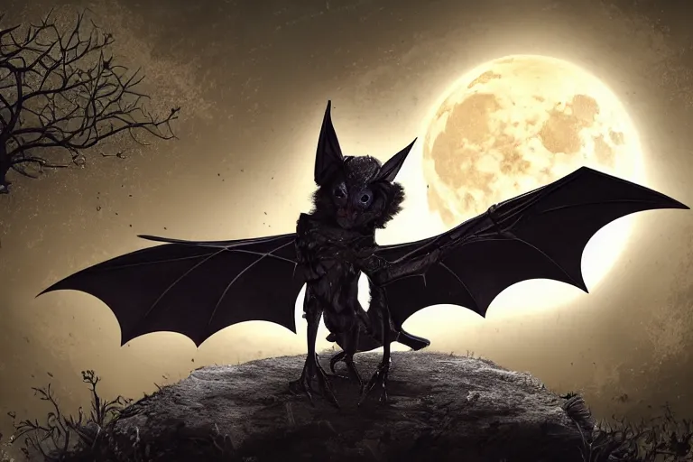 Image similar to an ultra detailed animation of a bat in a graveyard at midnight on halloween, digital art, dark fantasy, concept art, soulslike, by alphonse mucha, blood moon eclipse, ruined building in the background, artstation, 8 k, unreal engine render