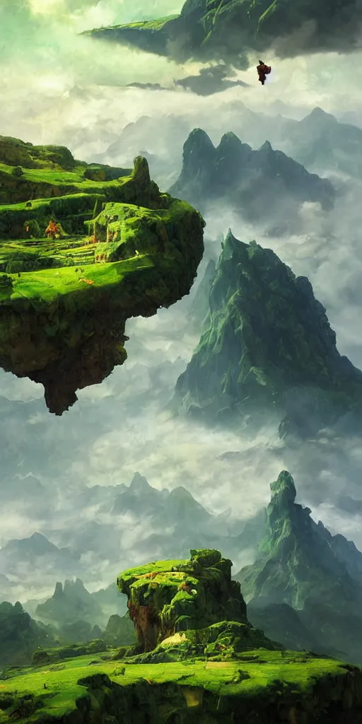 Image similar to sky is land lush green landscape villages castles buildings inverted upsidedown mountain range hanging from the sky fantasy surreal good composition artstation illustration sharp focus sunlit vista painted by ruan jia raymond swanland lawrence alma tadema zdzislaw beksinski norman rockwell tom lovell alex malveda greg staples