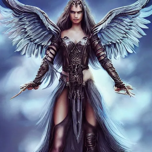 Prompt: beautiful young aasimar angel valkyrie warrior girl maiden wearing comfy leather armor with beautiful feathered angel wings, blue eyes, beautiful face, Alessandra Ambrosio, Natalie Portman, Emily Ratajkowski, innocent, intricate, elegant, highly detailed, ultradetailed, hyperdetailed, artstation, concept art, smooth, sharp focus, illustration, art by artgerm and greg rutkowski and Rossdraws and Bluesssatan and Mandy Jurgens and alphonse mucha