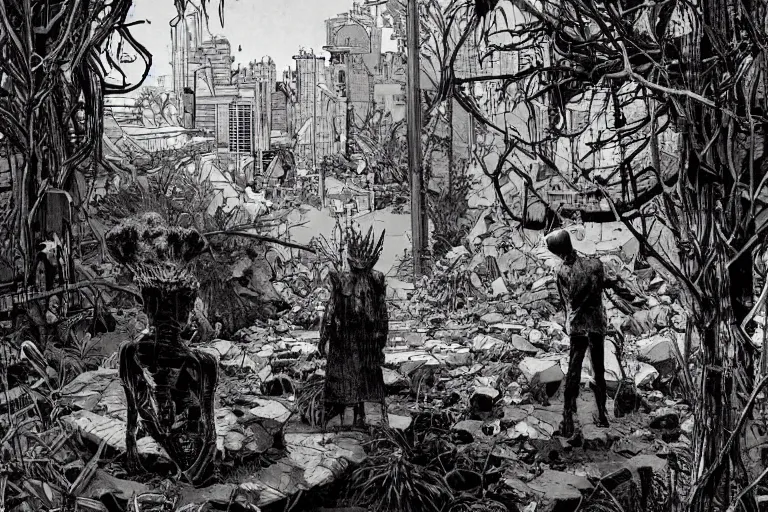 Image similar to on the street of abandoned town, tall figure with goat head surrounded by shadows, spiny giant plants bursting through them, surreal, very coherent, intricate design, painting by Laurie Greasley, part by Yoji Shinkawa, part by Norman Rockwell