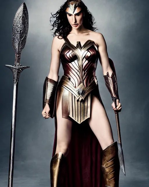 Image similar to gal gadot as queen conan, directed by john millius, photorealistic, sitting on a metal throne, wearing ancient cimmerian armor, a battle axe to her side, cinematic photoshoot in the style of annie leibovitz, studio lighting