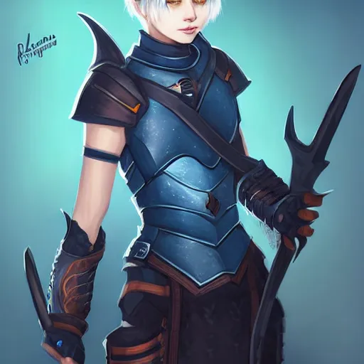 Image similar to illustrated realistic portrait female ram-horned kobold with asymmetric short haircut blue hair with dark eyes wearing strap leather armor by rossdraws