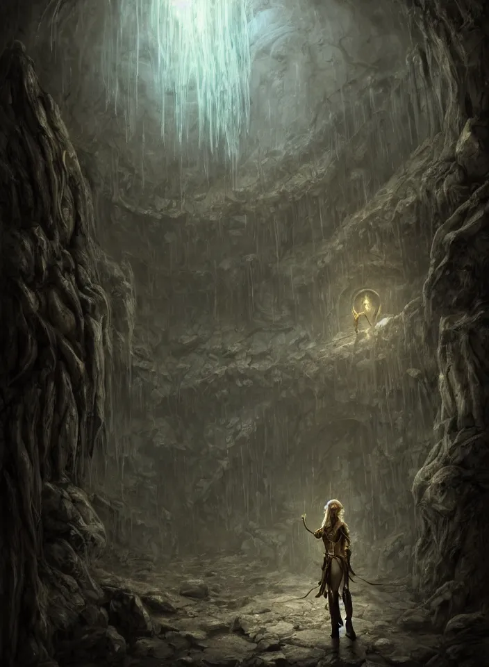 Image similar to a portrait of an elven sorceress exploring an abandoned dwemer dungeon from skyrim, fantasy setting, cold environment, serene colors, soft lighting, atmospheric, cinematic, moody, in the style of diego koi, gina heyer, luiz escanuela, art by alyssa monk, hyperrealism, rule of thirds, golden ratio, oil on canvas, 8 k