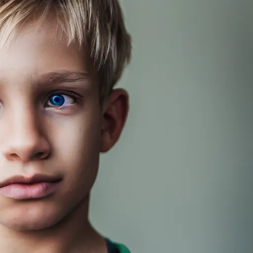 Image similar to a closeup portrait of a boy with blonde hair and brown eyes. Extremely clear and high quality eyes with reflection, realistic face and details, clear lips and high quality, real photo