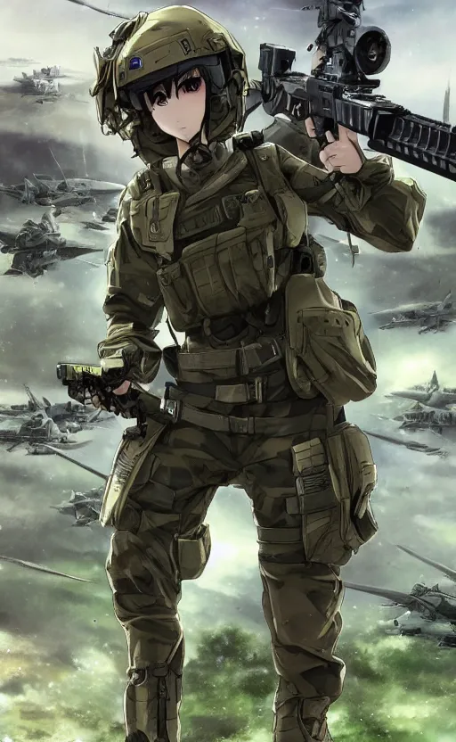 Prompt: girl, trading card front, future soldier clothing, future combat gear, realistic anatomy, war photo, professional, by ufotable anime studio, green screen, volumetric lights, stunning, military camp in the background, metal hard surfaces, anime eyes, generate realistic face, strafing attack plane