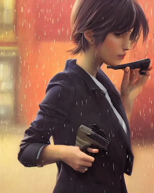 Prompt: A ultradetailed beautiful portrait panting of a stylish girl standing in the rain, she is holding a handgun ,side view, Oil painting, by Ilya Kuvshinov, Greg Rutkowski and Makoto Shinkai