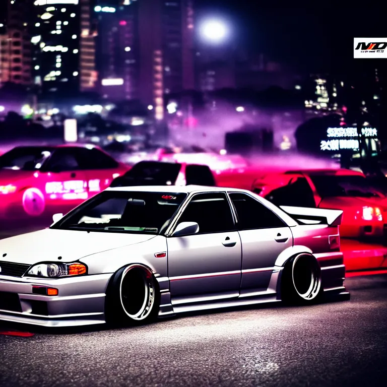 Image similar to a car JZX90 twin turbo drift at illegal car meet, Shibuya prefecture, city midnight mist lights, cinematic lighting, photorealistic, highly detailed wheels, high detail