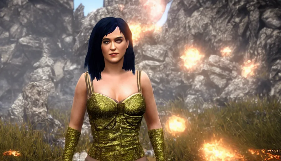 Image similar to character screenshot of katy perry, skyrim, enb, 4 k, bokeh, beautiful, detailed