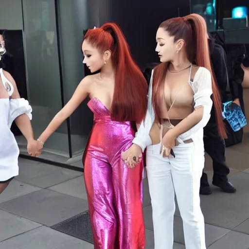 Image similar to ariana grande holding hands with hwasa. wide lens professional photography. award - winning paparazzi photograph