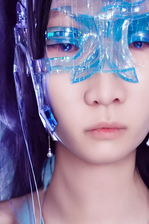 Prompt: a close - up full shot of a cyberpunk japanese woman with cold blue eyes and pretty face wearing lots of transparent and cellophane accessories, huge earrings, blue hour, cool, cold, crisp, by mayumi hosokura