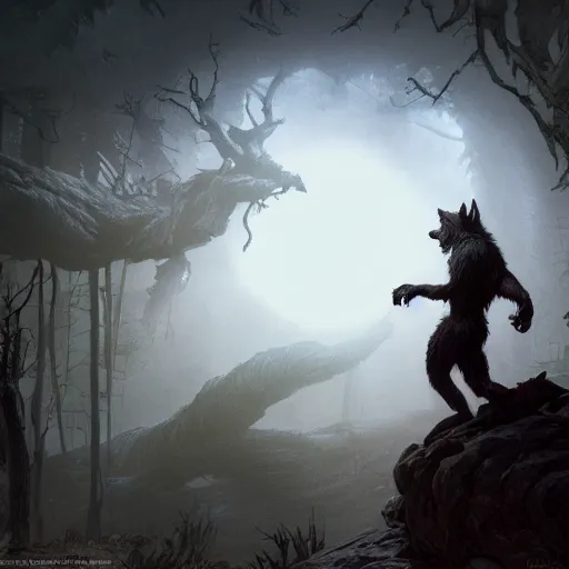 Image similar to werewolf staring at you, 3d scene, render, ultra realistic, zenith view, Frank Frazetta, Richard Corben, Moebius, Greg Rutkowski, artstation, cgsociety, level design, unreal engine, 3d scene, render, ultra realistic