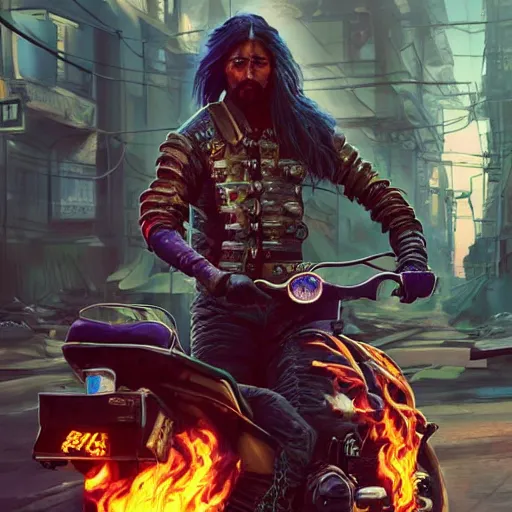 Prompt: portrait painting of a street samurai with long purple hair riding a motorcycle through a burning cyberpunk slum, glitchwave, ultra realistic, concept art, intricate details, eerie, highly detailed, photorealistic, octane render, 8 k, unreal engine. art by artgerm and greg rutkowski and nivanh chanthara