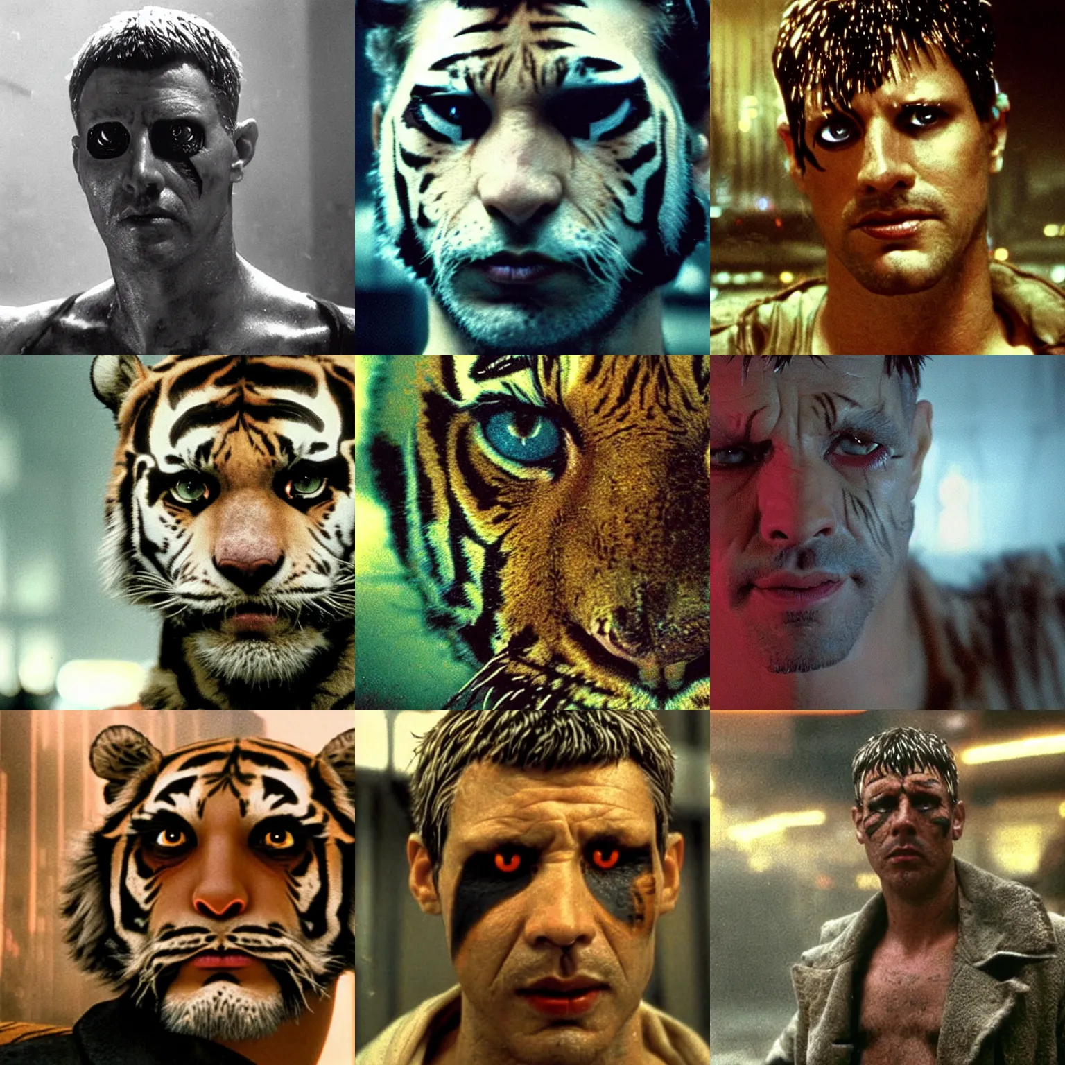 Prompt: man with the face of a Tiger, blind in one eye, from blade runner