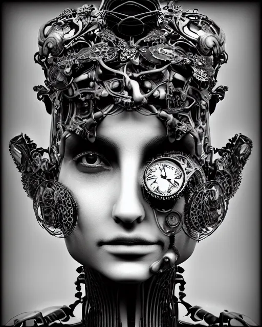 Image similar to mythical dreamy black and white organic bio-mechanical spinal ribbed profile face portrait detail of translucent steampunk beautiful female angelic-human-queen-vegetal-cyborg, highly detailed, intricate trnaslucent ivy jelly ornate, poetic, translucent roses ornate, 3D render, digital art, octane render, 8K artistic photography, photo-realistic, by Dora Maar