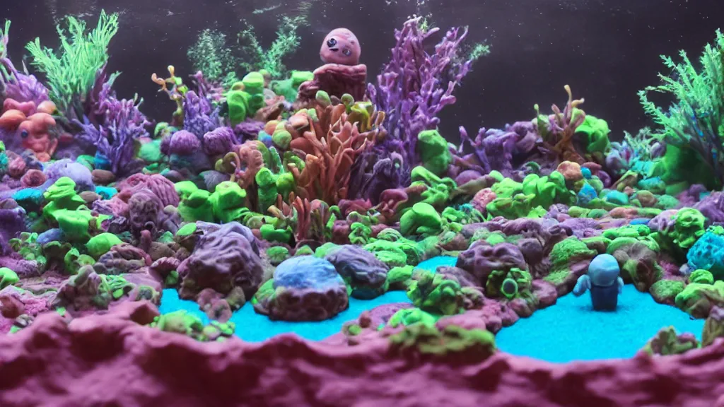 Prompt: an alien world contained in an aquarium made of plasticine