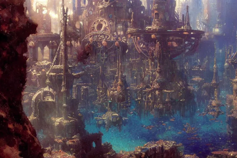 Image similar to underwater city, painting by gaston bussiere, craig mullins, j. c. leyendecker, tom of finland