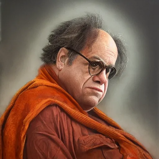 Image similar to hyperrealistic mixed media high resolution painting of Danny DeVito portraying The Baron from the film Dune, stunning 3d render inspired art by István Sándorfi and Greg Rutkowski and Unreal Engine, perfect symmetry, dim volumetric lighting, 8k octane beautifully detailed render, post-processing, extremely hyper-detailed, intricate, epic composition, highly detailed attributes, highly detailed atmosphere, cinematic lighting, masterpiece, trending on artstation, very very detailed, masterpiece, stunning, flawless structure, lifelike texture, perfection,